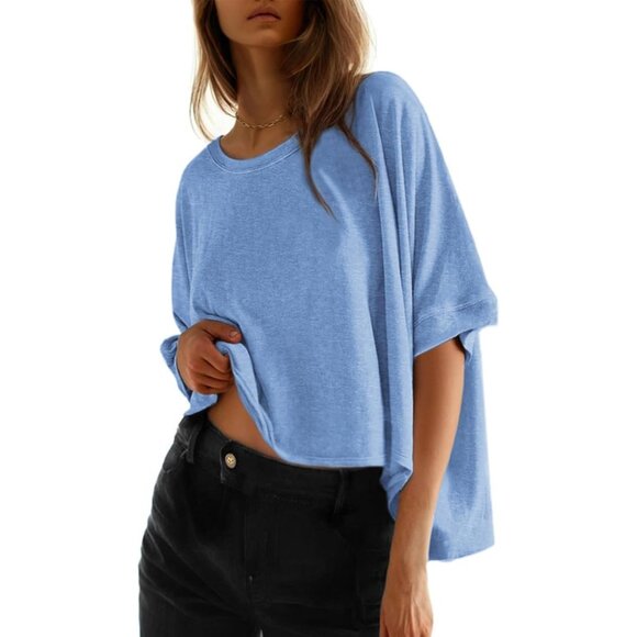 🆕 Women Blue Dolman Sleeve Tops Loose Oversized Crewneck Flowy T Shirts Basic - Picture 1 of 5